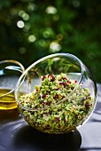 A glass bowl of tabbouleh