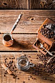 Aromatic coffee and an old coffee grinder