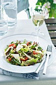 A mixed green salad with pine nuts, olives and fenugreek cheese