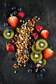 Cereals and various fruits of dark surface