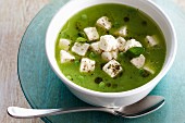 Pea soup with feta cheese