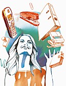 Illustration: Frau jongliert mit Arbeitsmaterialien und Telefon