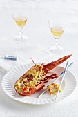Gratinated lobster with a cheesy crust