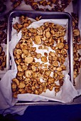 Dried mushrooms on a baking tray