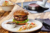 US-style beef burgers with honey-barbecue sauce and coleslaw