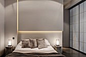 Indirekte Beleuchtung über dem Bett im grauen Schlafzimmer mit asiatischen Schiebetüren