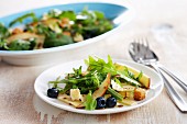 Rocket salad with smoked cheese and blueberries and croutons