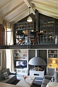 Open fireplace in pleasant living area below study on gallery