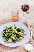 Asparagus salad with beetroot and prawns