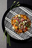 Ceviche with marinated tuna fish, sweet potatoes, sweetcorn, avocado and spring onions