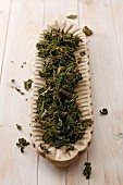 Kale chips in a long dish
