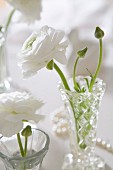 White ranunculus in small crystal vases decorating table