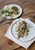 Spinach and bacon dumplings with a mushroom sauce