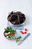 Ingredients for mussels with chilli, parsley and garlic