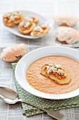 Tomato and fennel soup with crab toasts
