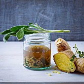 An immune smoothie made form ginger, sage and birch leaf elixier
