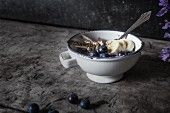 Yoghurt with blueberries, bananas and crispy grasshoppers