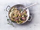 Low-carb fried noodles with ham and courgette