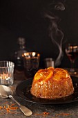A steamed sponge pudding topped with orange slices and syrup (England)