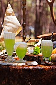 Lime Spiders: Mocktail mit Limettensaft, Vanilleeis und Soda auf Tisch im Wald