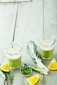 Chard and orange smoothies with green tea and cress