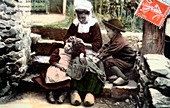 Lice grooming,historical postcard