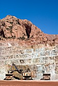 Copper mine excavator and trucks