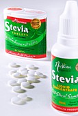 Stevia sweetener tablets and bottle