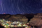 Star trails over a mountain village,Iran