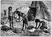 Early humans preparing food,artwork