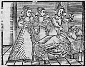 Witches giving potion to woman,17th cent