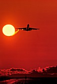 Boeing 747 taking off at sunset