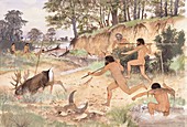 Neanderthal group hunting,artwork