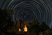 Star trails over a monastery,Armenia