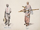 Porter and beggar,19th-century India