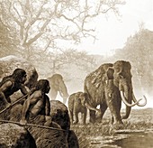 Neanderthals hunting mammoth,artwork