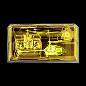 Coloured x-ray of a toy helicopter