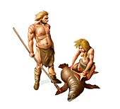Neanderthal couple hunting,artwork