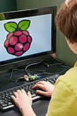 Teenager using a Raspberry Pi
