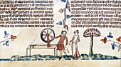 Spinning wheel,14th-century manuscript
