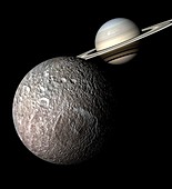 Saturn and Mimas from space,artwork