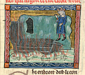 A king. In the foreground,a burning boat