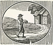 A woodcut of a man carrying a package