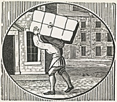 A woodcut of a man carrying a parcel