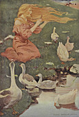 A blonde haired women with geese