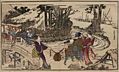 Japanese men and women on a bridge