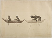 Fisherman in small wooden canoes