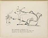 Cow in armchair toasting bread on fire