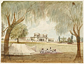 Large house with tent in foreground