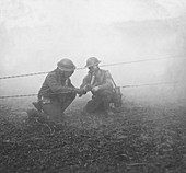 Soldiers repairing telephone wire,WWI